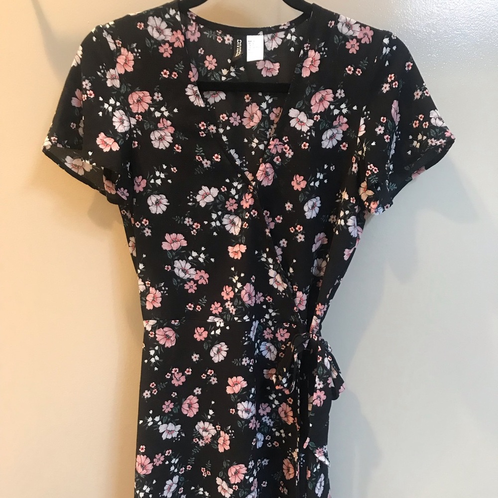H&M black floral wrap dress